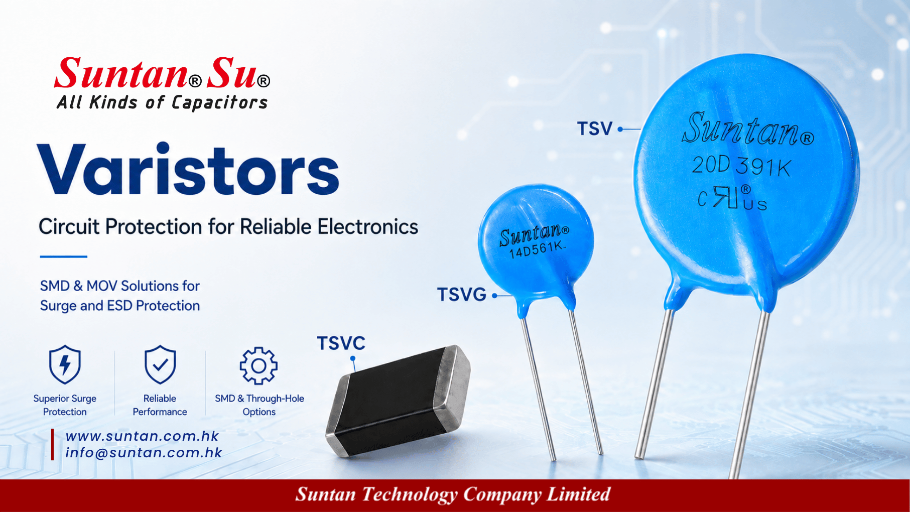 Suntan Varistor Lineup TSV TSVG TSVC for Emerging Power Electronics